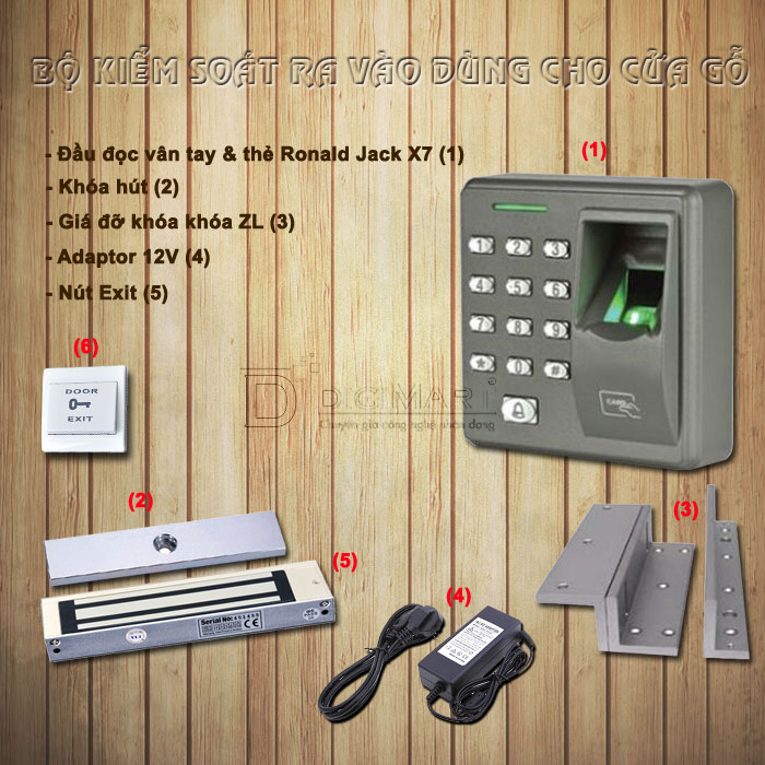 Bộ sản phẩm kiểm soát ra vào dùng vân tay và thẻ cho cửa gỗ ronald jack x7